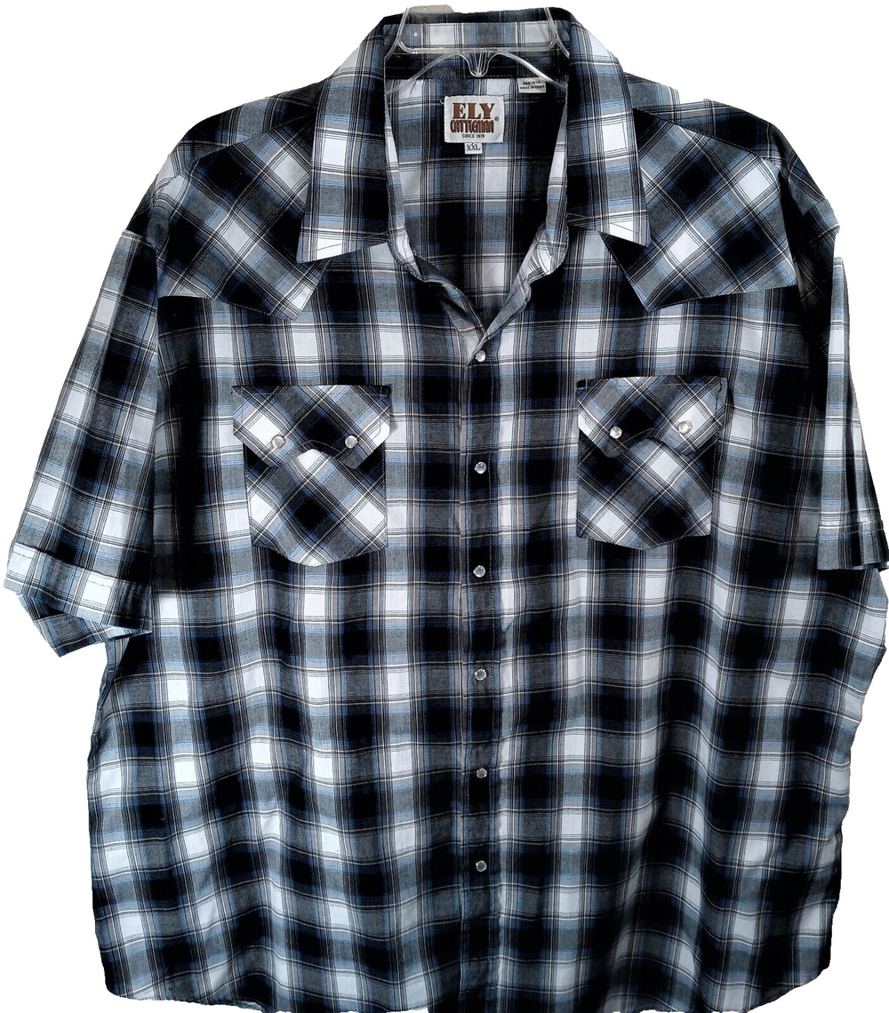 Ely Cattleman Pearl Snap Western Shirt Men's Size XXL Blue Plaid Short Sleeve